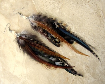 Long Feather Earrings - Real Rooster Feather Earrings - Brown and Black Feathers - Undyed Boho Hippie Feather Earrings
