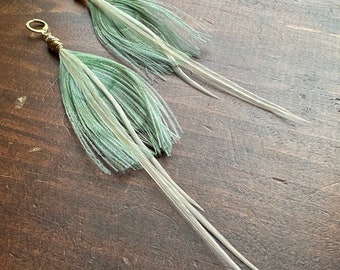 Peacock Feather Earrings - Light Green Peacock Feathers - Peacock and Rooster Feather Earrings - Green Cream White and Gold (Ready to Ship)