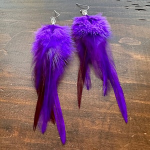 Purple Feather Earrings - Bright Colorful Beaded Feather Earrings - Violet Rooster Feather Earrings - Long Purple Feather Earrings