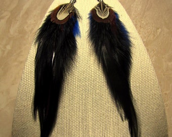 Black Feather Earrings - Long Rooster and Pheasant Feather Earrings - Black Blue and Brown - Long Dark Beaded Feather Earrings