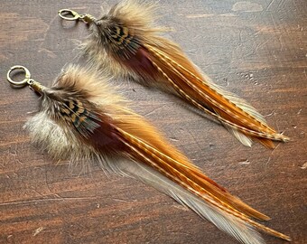 Real Feather Earrings - Long Golden Brown and Blue Rooster and Pheasant Feather Earrings - Western Boho Feather Earrings (Ready to Ship)