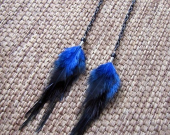 Feather Earrings - Navy Blue Feather Earrings - Blue and Black Feather Earrings - Chain Earrings