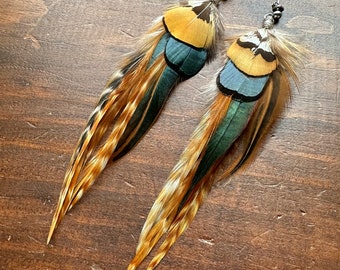 Real Feather Earrings - Gold Brown Black & Green Rooster Feather Earrings - Long Undyed Feather Earrings with Stud Ear Wires (Ready to Ship)