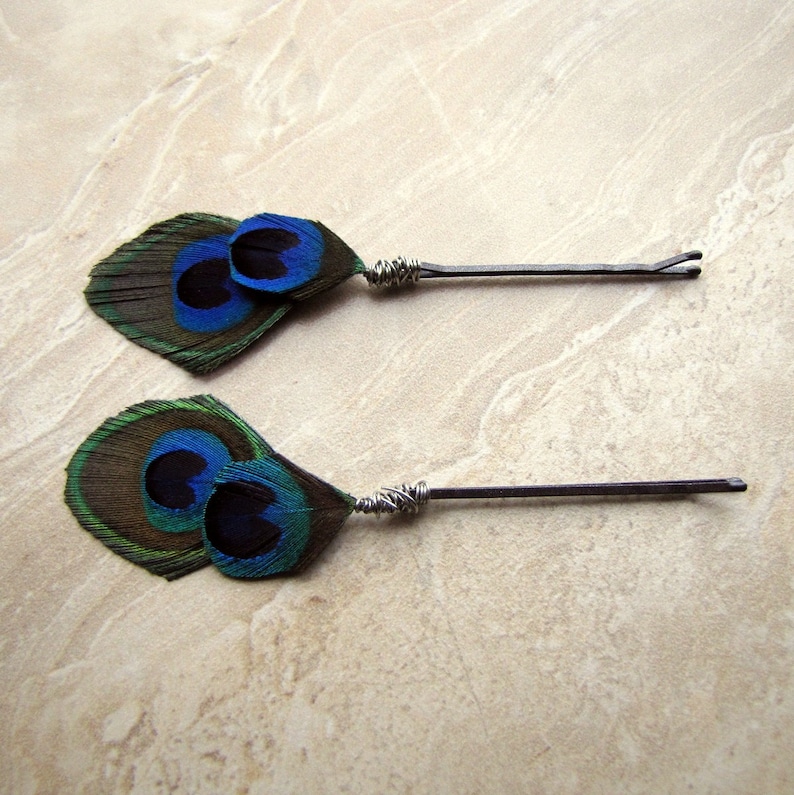 Feather Bobby Pins Set of 2 Peacock Feather Hair Pins Etsy