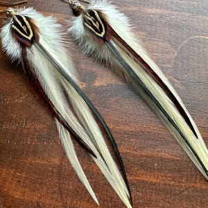 May include: A pair of long feather earrings with white, black, and red feathers. The earrings are made with natural feathers and have a simple gold wire design.