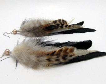 Real Feather Earrings - Beaded Rooster Feather Earrings - Long Natural Black Brown & White Feather Earrings - Striped Boho Feather Earrings