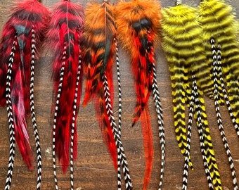 Long Feather Earrings - Long Colorful Striped Rooster Feather Earrings - Choose Red Orange Yellow or All Three - Fire Colors (Ready to Ship)
