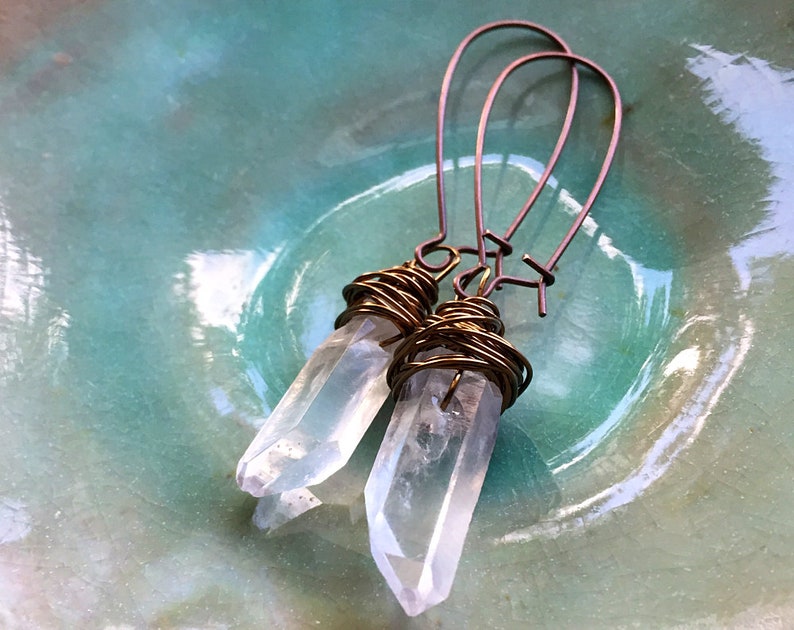 Raw Quartz Earrings Antiqued Brass Dangle Earrings Clear Quartz Earrings
