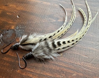 Real Feather Earrings - Natural Black & Cream White Feather Earrings - Thin Feather Earrings - Western Boho Feather Earrings (Ready to Ship)