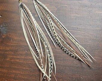 Long Thin Feather Earrings - Black Cream White and Taupe Feather Earrings - Real Feathers - Western Boho Hippie Earrings (Ready to Ship)