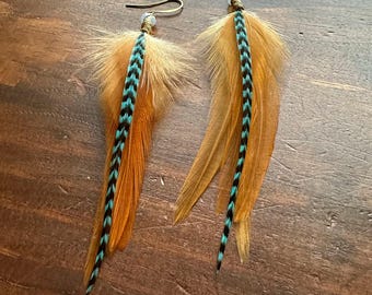 Real Rooster Feather Earrings - Brown and Blue Feather Earrings - Boho Western Hippie Feather Earrings