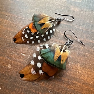 Natural Pheasant Feather Earrings - Short Brown Green Black and White Feather Earrings - Real Undyed Feather Earrings