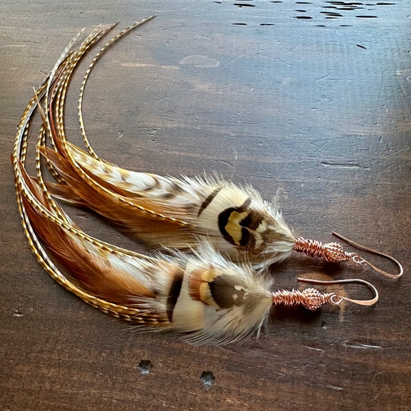 Extra Long Feather Earrings - Brown Black and Cream White Feather Earrings - Rooster and Pheasant Feather Earrings (Ready to Ship)