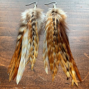 Real Feather Earrings - Natural Brown and Black Striped Feather Earrings - Boho Hippie Western Style - Undyed Natural Feather Earrings