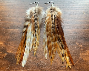 Real Feather Earrings - Natural Brown and Black Striped Feather Earrings - Boho Hippie Western Style - Undyed Natural Feather Earrings