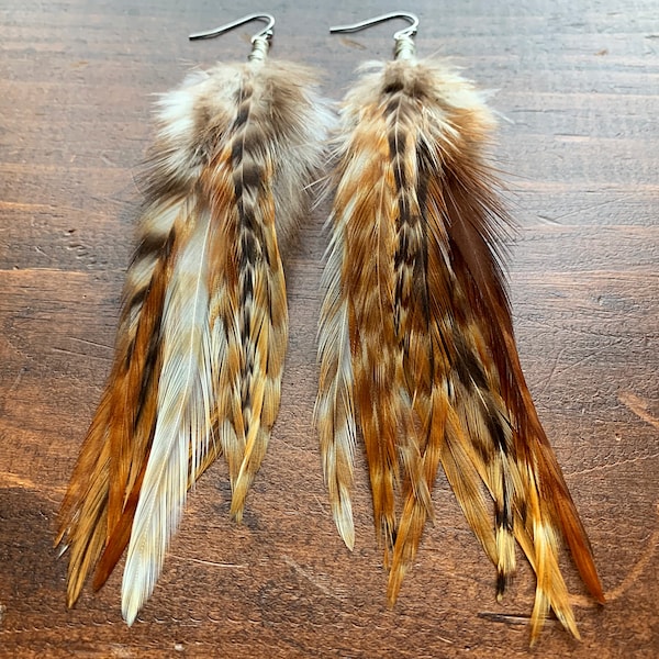 Real Feather Earrings - Natural Brown and Black Striped Feather Earrings - Boho Hippie Western Style - Undyed Natural Feather Earrings