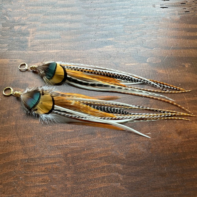 Big Feather Earrings Brown Black Green & Cream White Feather Earrings Real Undyed Rooster and Pheasant Feather Earrings Ready to Ship image 2