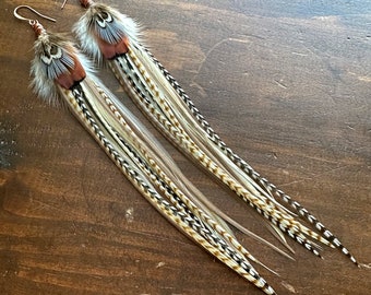 Real Feather Earrings - Long Rooster & Pheasant Feather Earrings - Taupe Brown Cream White Black - Boho Western Hippie Style (Ready to Ship)