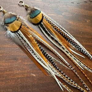Big Feather Earrings Brown Black Green & Cream White Feather Earrings Real Undyed Rooster and Pheasant Feather Earrings Ready to Ship image 5