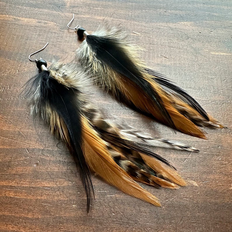 Long Feather Earrings Black and Brown Feather Earrings Natural Feather Earrings Black Feather Earrings Brown Feather Earrings image 4