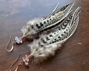 Long Feather Earrings - Natural Black & Cream White Feather Earrings - Real Feather Earrings - Tibetan Quartz Earrings (Ready to Ship)