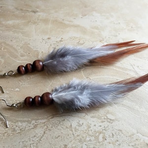Real Feather Earrings - Brown and Gray Beaded Feather Earrings - Long Boho Feather Earrings - Rooster Feather Earrings