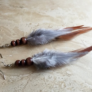 Real Feather Earrings - Brown and Gray Beaded Feather Earrings - Long Boho Feather Earrings - Rooster Feather Earrings