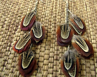 Pheasant Feather Earrings - Natural Brown and Black Feather Earrings - Real Undyed Pheasant Feather Earrings - Boho Western Style