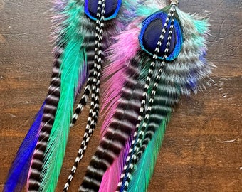 Peacock Feather Earrings - Pink Teal Blue Black and White Feather Earrings - Striped Rooster Feather Statement Earrings (Ready to Ship)
