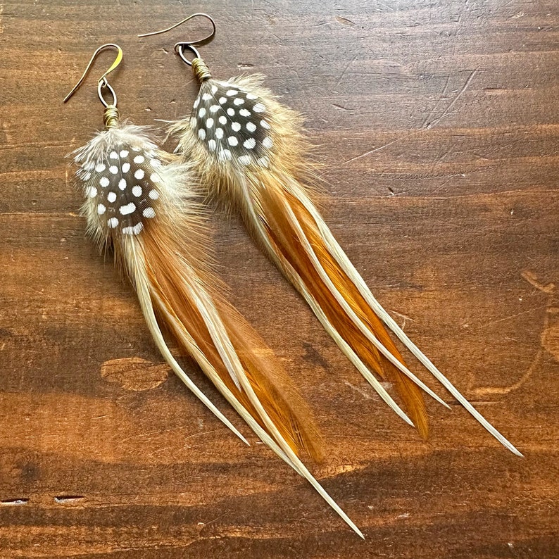 Golden Brown Feather Earrings Cream White Brown and Black Feather Earrings Polka Dot Guinea and Rooster Feather Earrings Ready to Ship image 3