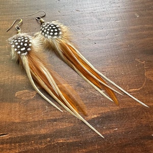Golden Brown Feather Earrings Cream White Brown and Black Feather Earrings Polka Dot Guinea and Rooster Feather Earrings Ready to Ship image 1