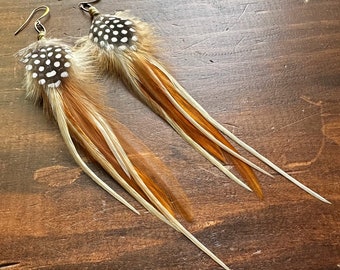 Golden Brown Feather Earrings - Cream White Brown and Black Feather Earrings - Polka Dot Guinea and Rooster Feather Earrings (Ready to Ship)