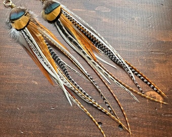 Big Feather Earrings - Brown Black Green & Cream White Feather Earrings - Real Undyed Rooster and Pheasant Feather Earrings (Ready to Ship)