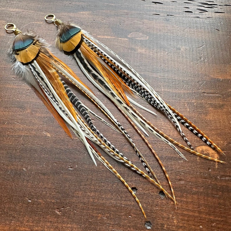 Big Feather Earrings Brown Black Green & Cream White Feather Earrings Real Undyed Rooster and Pheasant Feather Earrings Ready to Ship image 1
