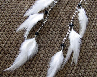 Long Feather Earrings - Long White Feather Earrings - Black and White - Beaded Rooster Feather Earrings - Bridal Earrings