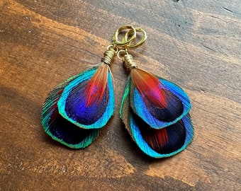 Peacock Feather Earrings - Short Blue Green Feather Earrings with Red Pheasant Accents - Real Undyed Feather Earrings - Modern Hippie Style