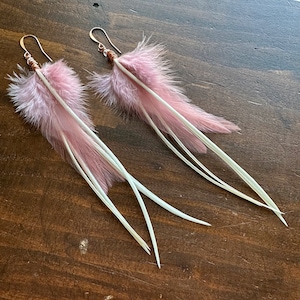 Pink Feather Earrings Long Light Pink and Cream White Feather Earrings Real Rooster Feather Earrings Copper Earrings Ready to Ship image 1