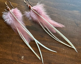 Pink Feather Earrings - Long Light Pink and Cream White Feather Earrings - Real Rooster Feather Earrings - Copper Earrings (Ready to Ship)