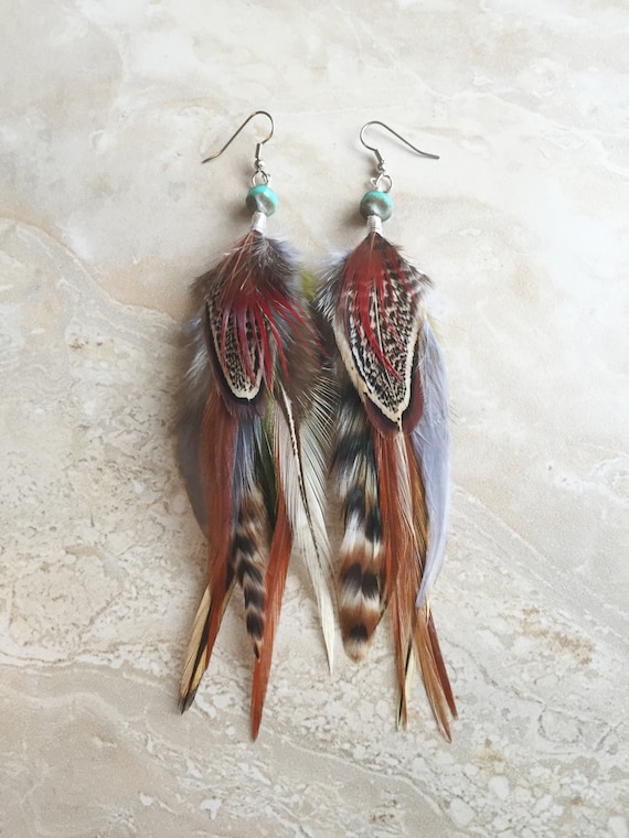 Feather Earrings Colorful Long Rooster and Pheasant Feather