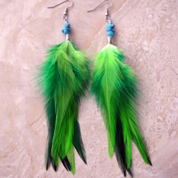 Green Feather Earrings - Long Green Rooster Feather Earrings with Turquoise Beads - Colorful Summer Rooster Feather Earrings