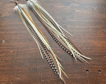 Long Thin Feather Earrings - Real Rooster Feather Earrings - Taupe Brown Cream Black and White - Boho Western Hippie Style (Ready to Ship)