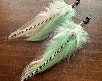 Pastel Feather Earrings - Spring Green and Peach Rooster Feather Earrings - Mint and Peachy White with Striped Accents (Ready to Ship)