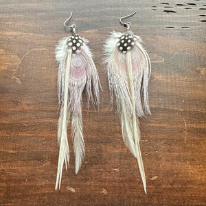 Long Feather Earrings Lilac and Cream White Rooster and Peacock Feather Earrings Rooster Peacock and Guinea Hen Earrings Ready to Ship image 2