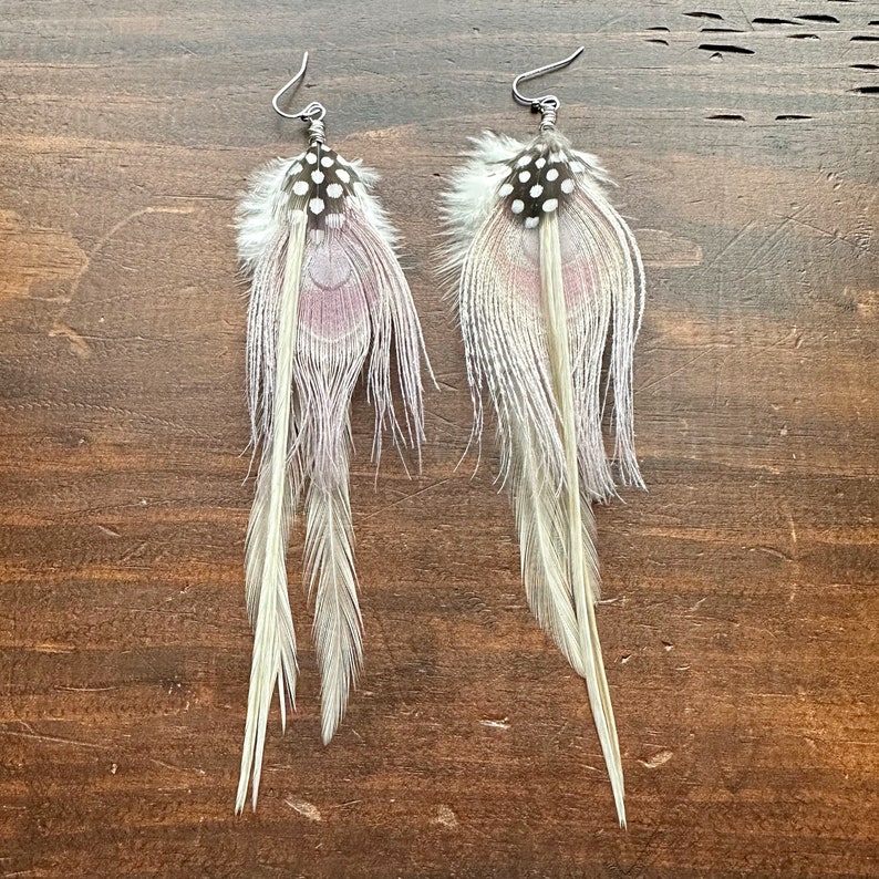 Long Feather Earrings Lilac and Cream White Rooster and Peacock Feather Earrings Rooster Peacock and Guinea Hen Earrings Ready to Ship image 2