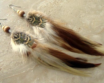 Real Feather Earrings - Natural Undyed Rooster and Pheasant Feather Earrings - Brown and Cream White - Boho Hippie Western Style