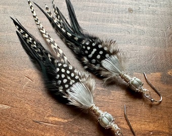 Black and White Feather Earrings - Long Rooster and Guinea Hen Feather Earrings - Long Feather Earrings with Czech Glass (Ready to Ship)