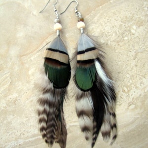 Long Feather Earrings - Real Rooster Feather Earrings - Natural Black White and Green Feathers - Genuine Undyed Feather Earrings