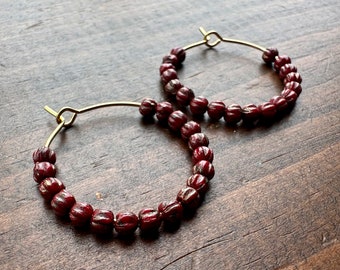 Tiny Hoop Earrings - Dark Red Beaded Hoop Earrings - Fall Colors - Rustic 1 Inch Beaded Hoops (Ready to Ship)