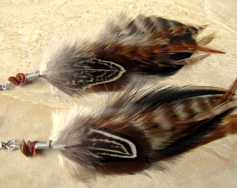 Feather Earrings - Brown Feather Earrings - Striped Feather Earrings - Boho Hippie Western Feather Earrings - Real Undyed Feathers
