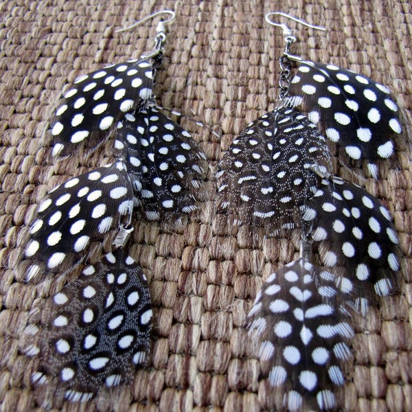 Polka Dot Feather Earrings - Guinea Hen Feather Earrings - Black and White Feather Earrings - Lightweight Undyed Real Feather Earrings
